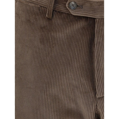 Close-up of Tagliatore Brown Cotton Two-Piece Suit pants in corduroy fabric featuring button and zipper detail.