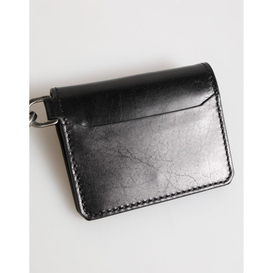 Dolce & Gabbana Black Leather Logo Embossed Key Chain Card Holder Wallet, smooth black leather with key chain attachment.