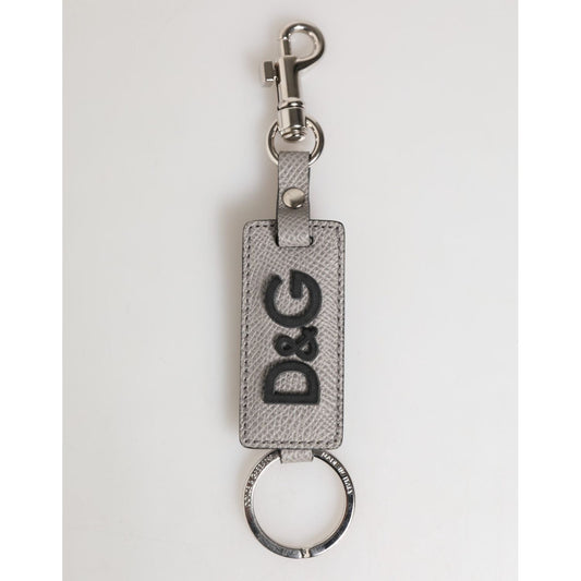 Dolce & Gabbana Gray Leather Logo Metal Ring Keychain Holder Men Keyring with engraved silver hardware and D&G logo