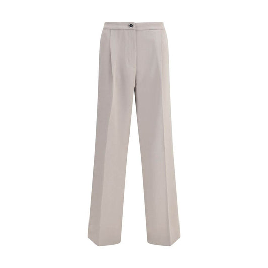 Cruna Beige Polyester Casual Pants with wide leg silhouette, front zip and button, side slash pockets, and welt back pockets.