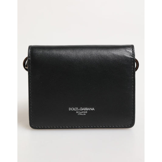 Dolce & Gabbana Black Leather DG Logo Bifold Card Holder Men Borse Wallet in premium calf leather