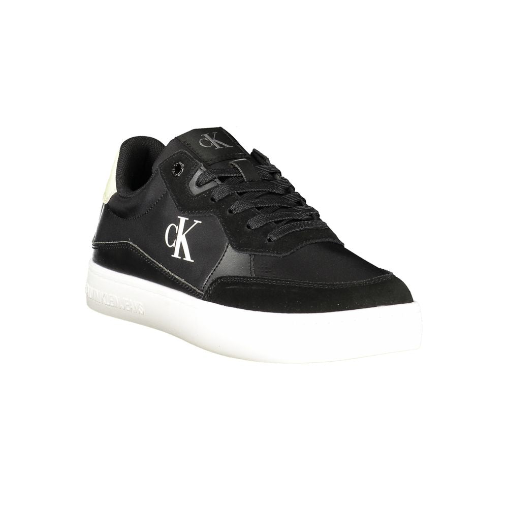 Calvin Klein Black Leather Men Sneaker with logo print, featuring removable footbed and contrasting details.
