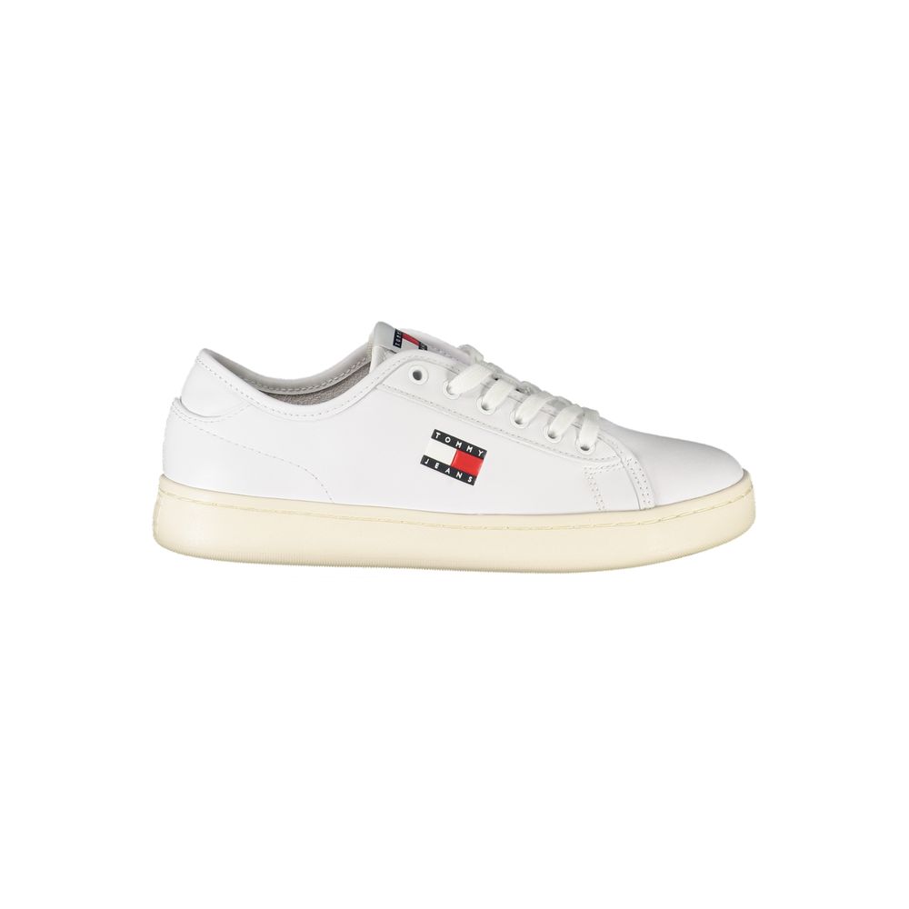 Tommy Hilfiger White Leather Women Sneaker with iconic logo and bold details, designed for comfort and style.