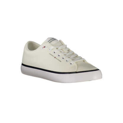 Tommy Hilfiger White Polyester Men Sneaker with logo accent and sleek design, offering both style and comfort for trend-setters.