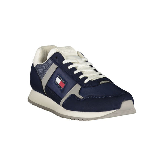 Tommy Hilfiger Blue Polyester Men Sneaker with iconic logo and lace-up design on white background.