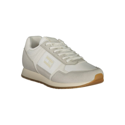 Tommy Hilfiger White Polyester Men Sneaker featuring classic lace-up design and contrasting details for stylish comfort.