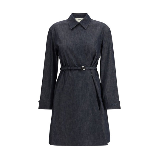 Fendi Blue Cotton Casual Dress with asymmetrical crisscross closure, embroidered logo, and shirt-style collar for a stylish look.