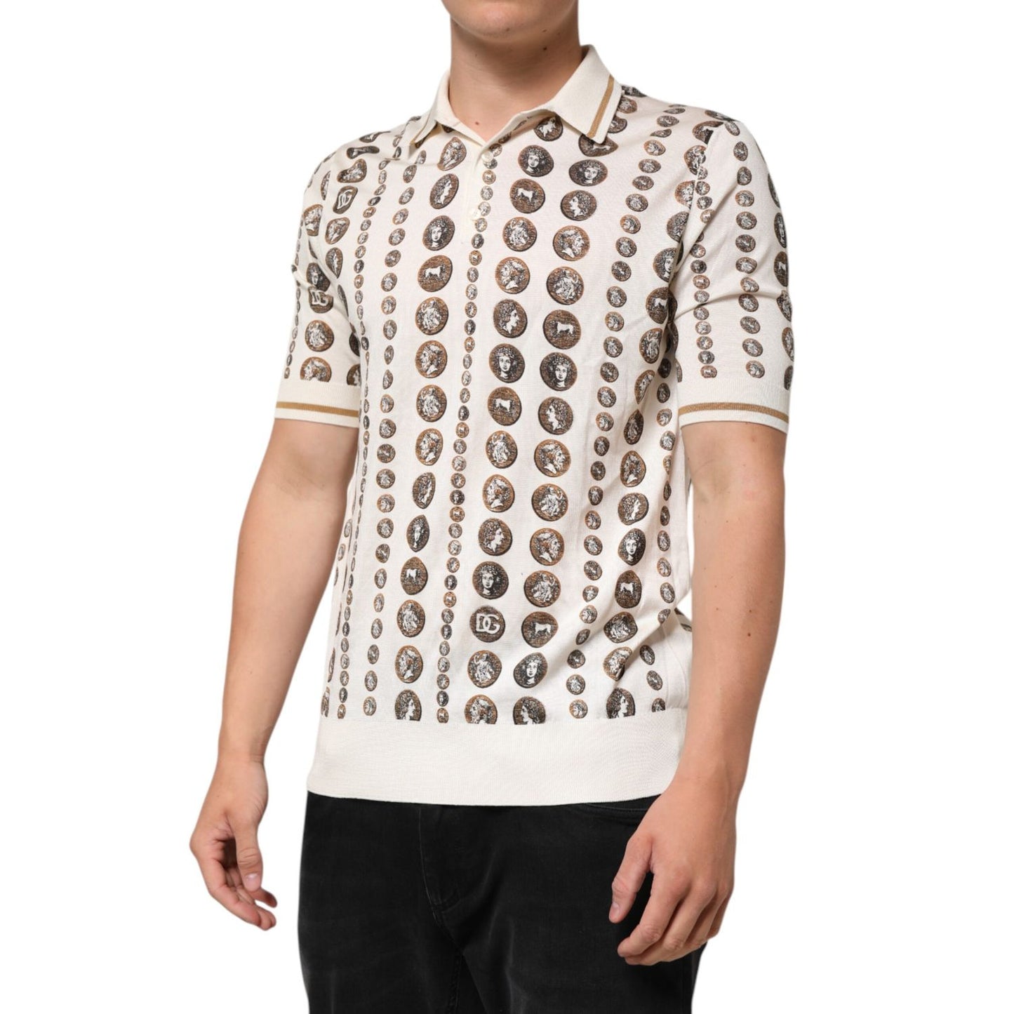 Dolce & Gabbana Silk Ivory Coin Print Logo Men Polo T-shirt