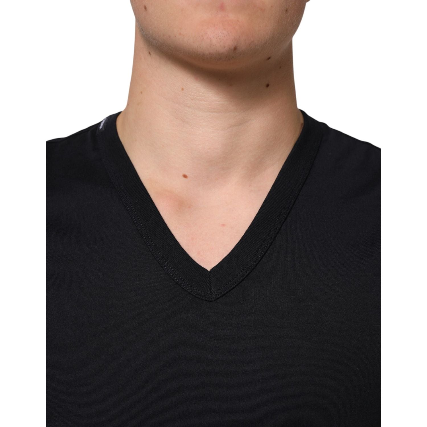 Dolce & Gabbana Black Cotton Plain V-Neck Men Shirt T-shirt