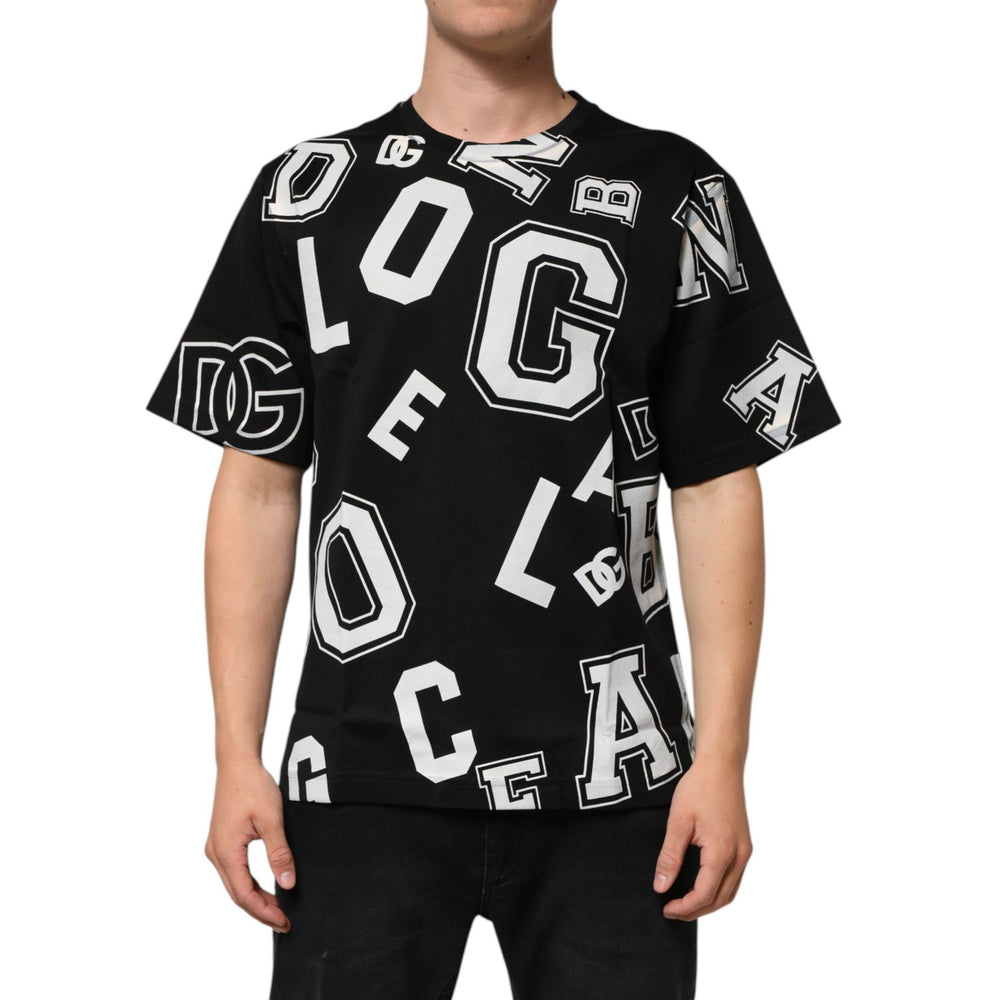 Dolce & Gabbana Black Cotton Letter Print Short Sleeve T-shirt with bold white varsity-style lettering, worn by model, regular fit.