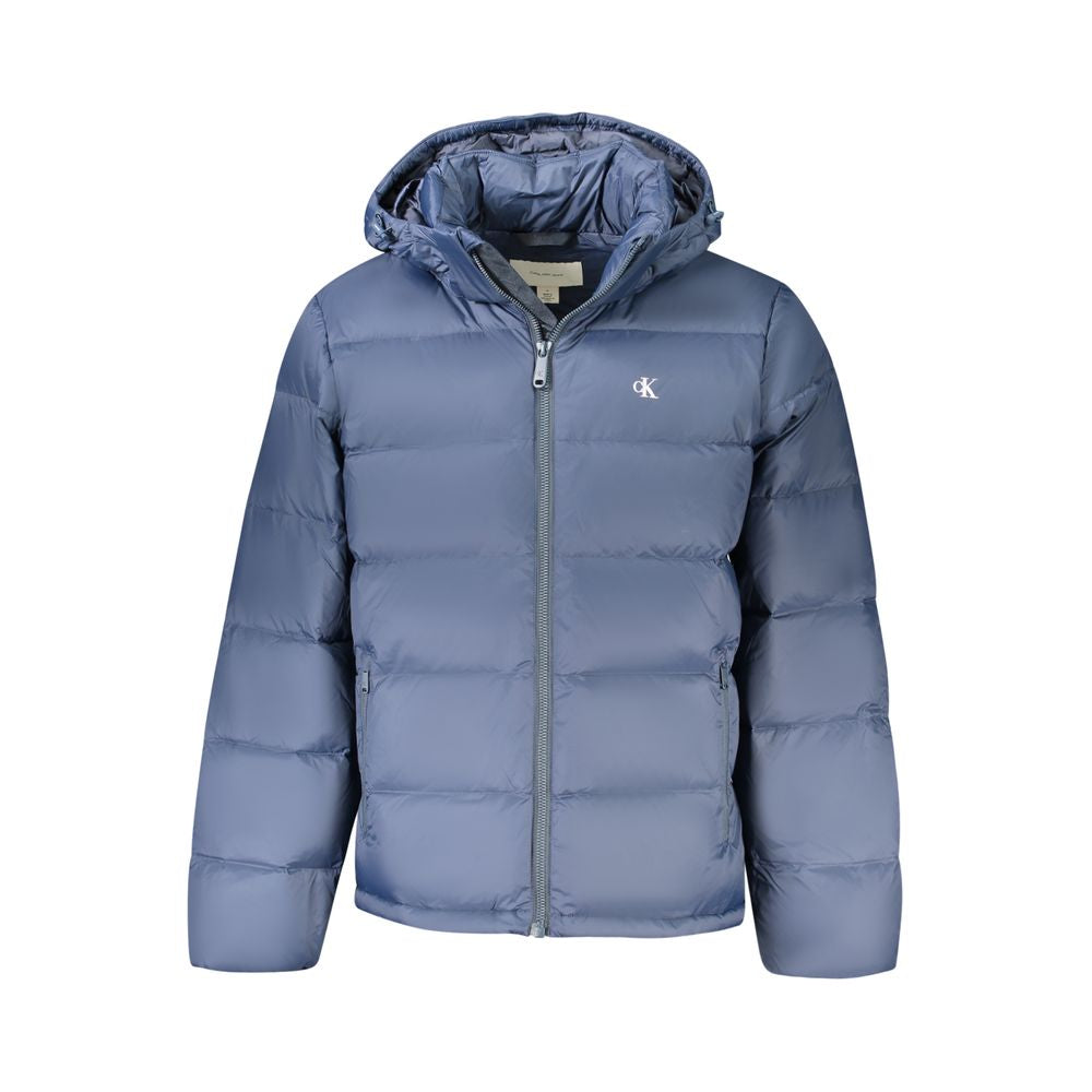 Calvin Klein Blue Polyamide Men Jacket with removable hood and wind-resistant design.