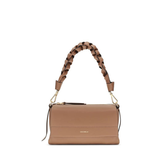 Coccinelle Beige Calf Leather Bos Taurus Shoulder Bag with woven handle and magnet closure