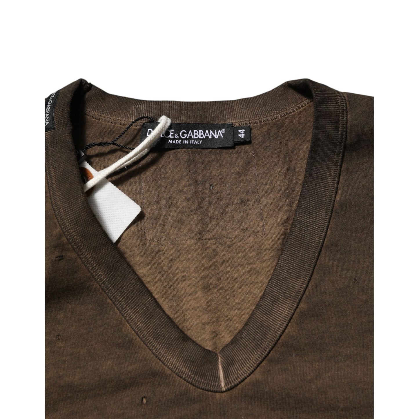 Dolce & Gabbana Dark Brown Cotton Tattered Logo Men T-shirt