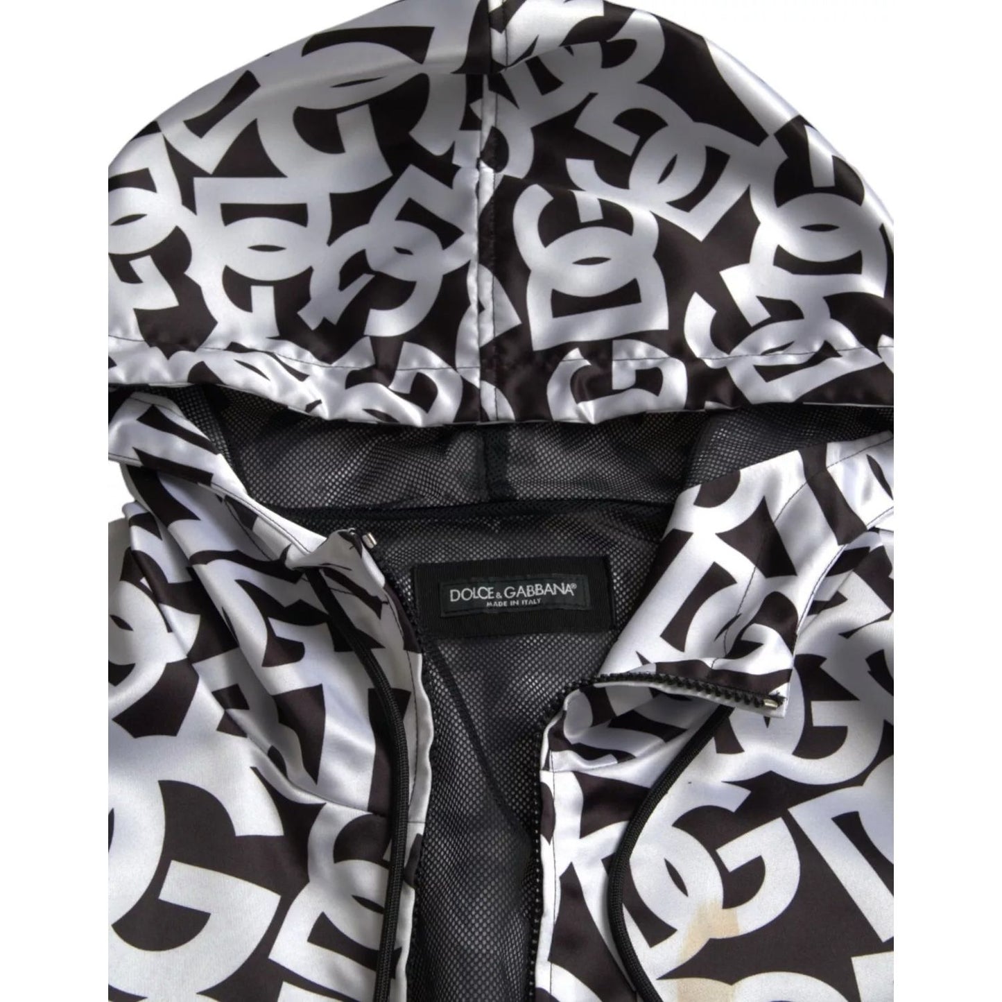 Dolce & Gabbana White Black Logo Hooded Full Zip Bomber Jacket