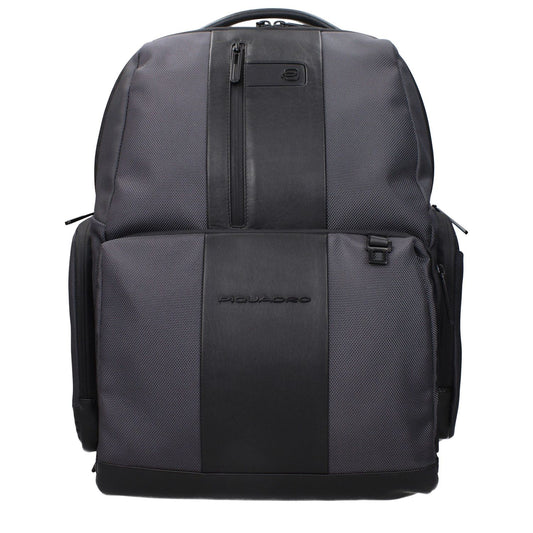 Piquadro Gray Nylon Backpack made of recycled nylon, featuring front and back logos, adjustable straps, iPad/PC case, RFID, water resistant.