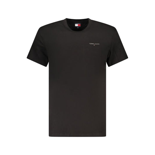 Tommy Hilfiger Black Cotton Men T-Shirt with logo print, short-sleeved crewneck, crafted from 95% regenerative cotton for sustainable style.