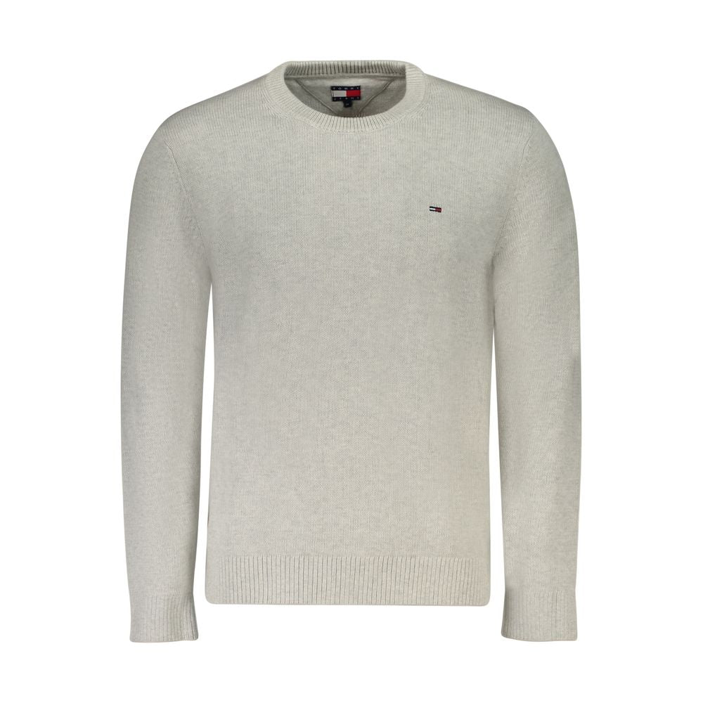 Tommy Hilfiger Gray Cotton Men Sweater with long sleeves and embroidered logo, made from 95% organic cotton for sustainable style.
