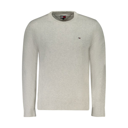 Tommy Hilfiger Gray Cotton Men Sweater with long sleeves and embroidered logo, made from 95% organic cotton for sustainable style.