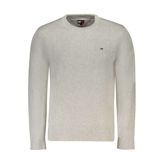 Tommy Hilfiger Gray Cotton Men Sweater with crew neck and iconic logo, made of 95% organic cotton for sustainable style and comfort.