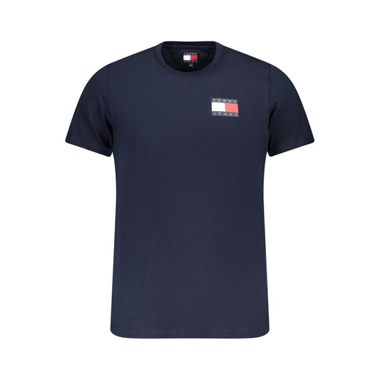 Tommy Hilfiger Blue Cotton Men T-Shirt with logo, short sleeves, and crew neck design, made from sustainable cotton for bold style.