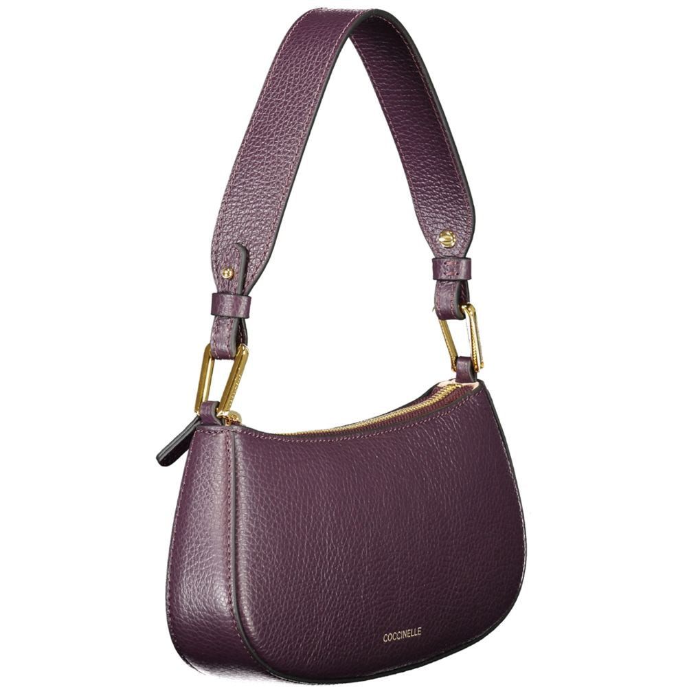 Coccinelle Purple Leather Women Handbag with adjustable strap and gold-tone hardware, showcasing chic style and functionality.