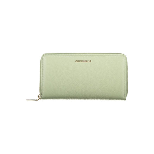 Coccinelle Green Leather Women Wallet with premium leather, zip closure, and iconic logo, showcasing contemporary style and functionality.