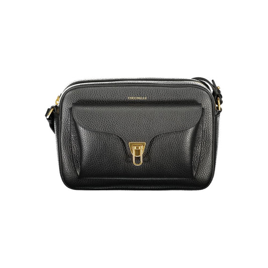 Coccinelle Black Leather Women Handbag with adjustable strap and twist closure, Italian-crafted elegance and sophistication.