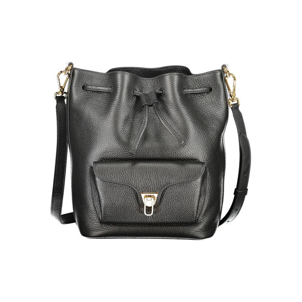 Coccinelle Black Leather Women Handbag with adjustable strap and exterior pocket.