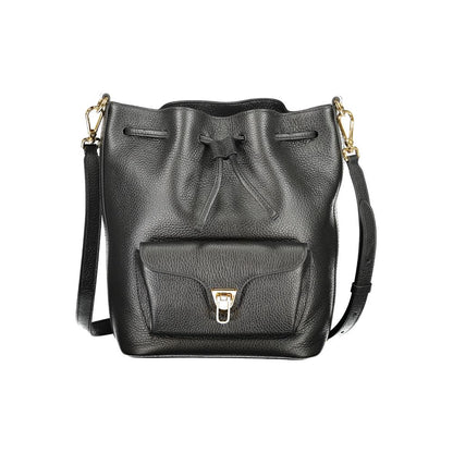 Coccinelle Black Leather Women Handbag with adjustable strap and exterior pocket.