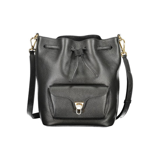 Coccinelle Black Leather Women Handbag with adjustable strap and exterior pocket, showcasing elegant and functional design.