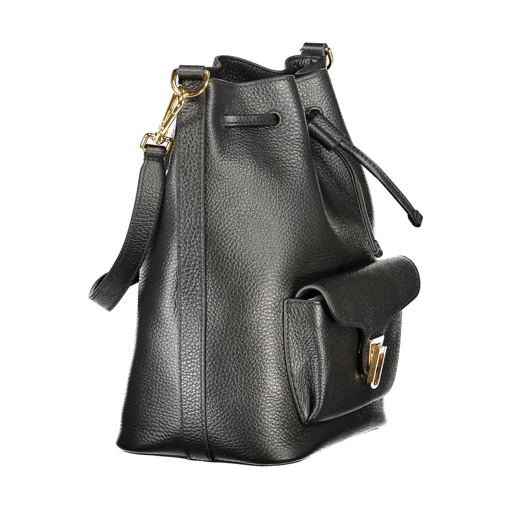 Coccinelle Black Leather Women Handbag with adjustable strap and twist closure pocket, showcasing luxury and functionality.