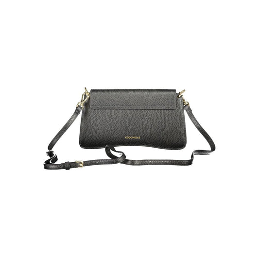 Coccinelle Black Leather Women Handbag with adjustable strap and snap closure, showcasing elegant Italian craftsmanship.