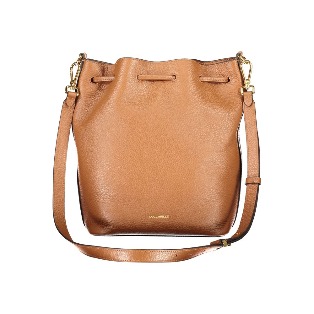 Coccinelle Brown Leather Women Handbag with adjustable strap and drawstring closure, perfect blend of Italian craftsmanship and modern style.