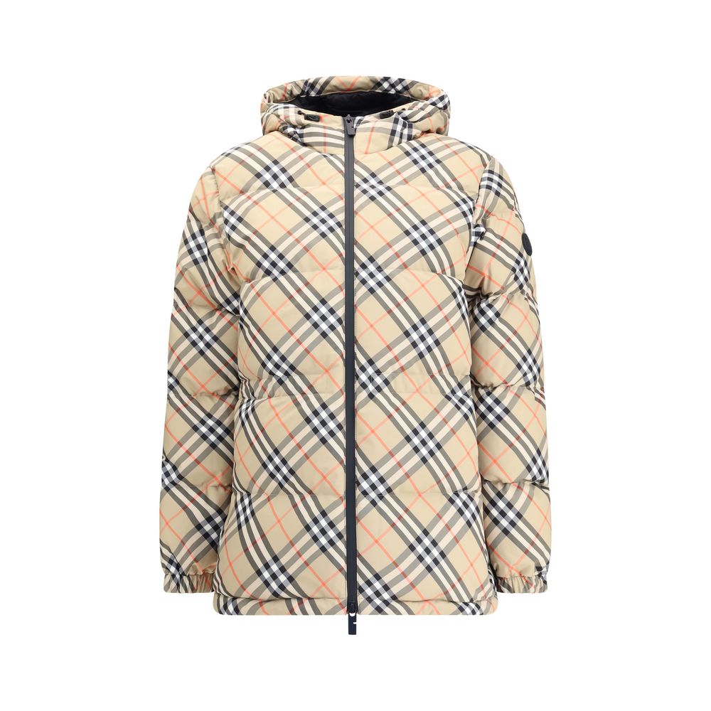 Burberry Beige Polyester Full-Length Jacket with iconic check pattern, adjustable hood, and zipper closure.
