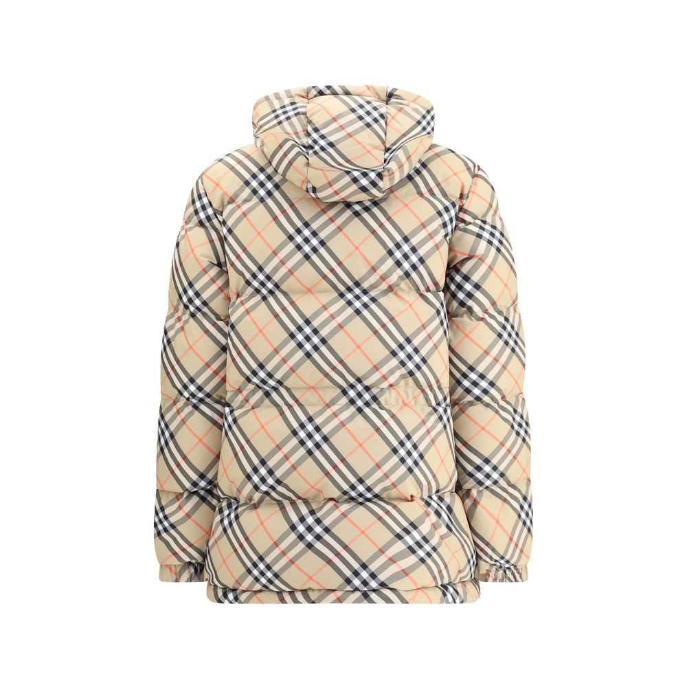 Burberry Beige Polyester Full-Length Jacket in iconic check pattern with hood and drawstring waist, featuring a double-slider zipper closure.