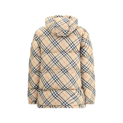 Burberry Beige Polyester Full-Length Jacket in iconic check pattern with hood and drawstring waist, featuring a double-slider zipper closure.