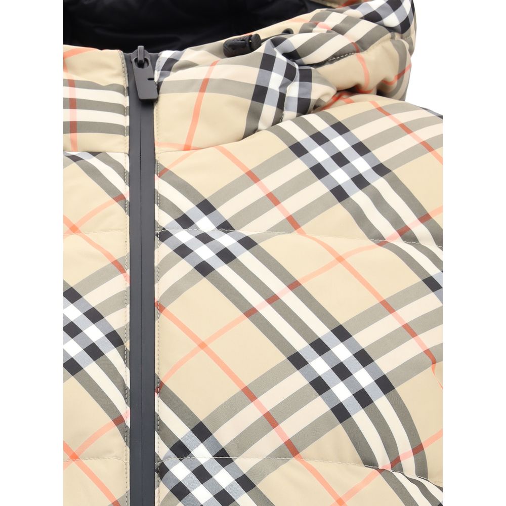 Close-up of Burberry Beige Polyester Full-Length Jacket with iconic check pattern and adjustable hood.