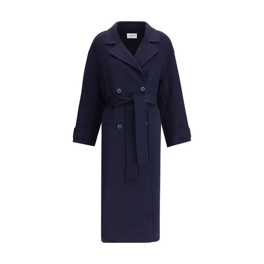 Dynamis Studio Blue Wool Coat, double-breasted with belt, long sleeves, ideal for AW25 fashion, classic lapels and button closure.