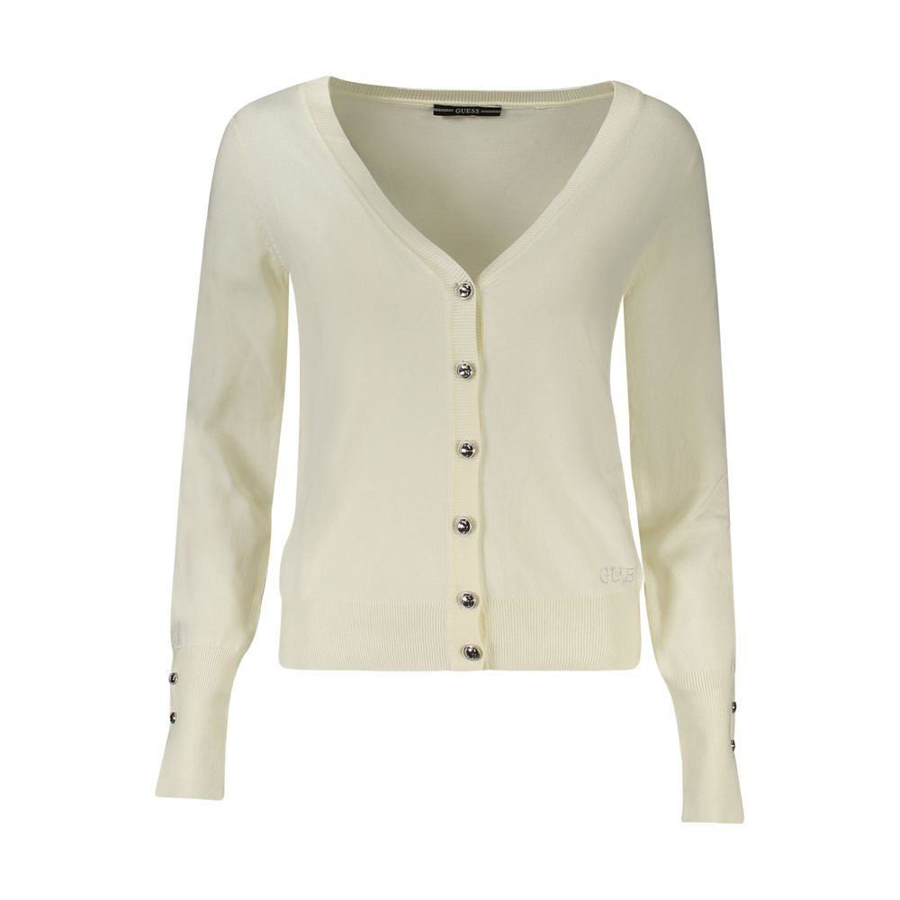 Guess Jeans White Viscose Women Sweater with rhinestone appliques, V-neck and button-down front, elegant long-sleeved cardigan.