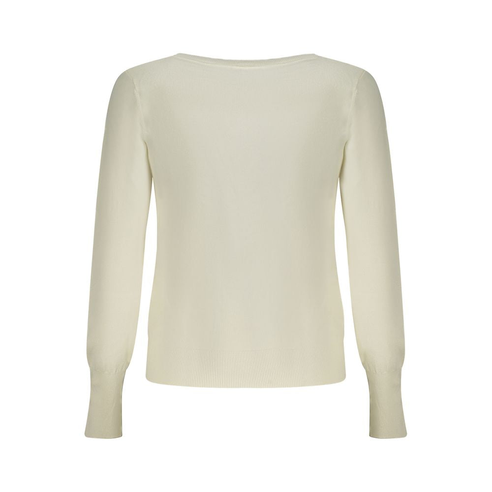 Back view of Guess Jeans White Viscose Women Sweater with long sleeves and elegant design.
