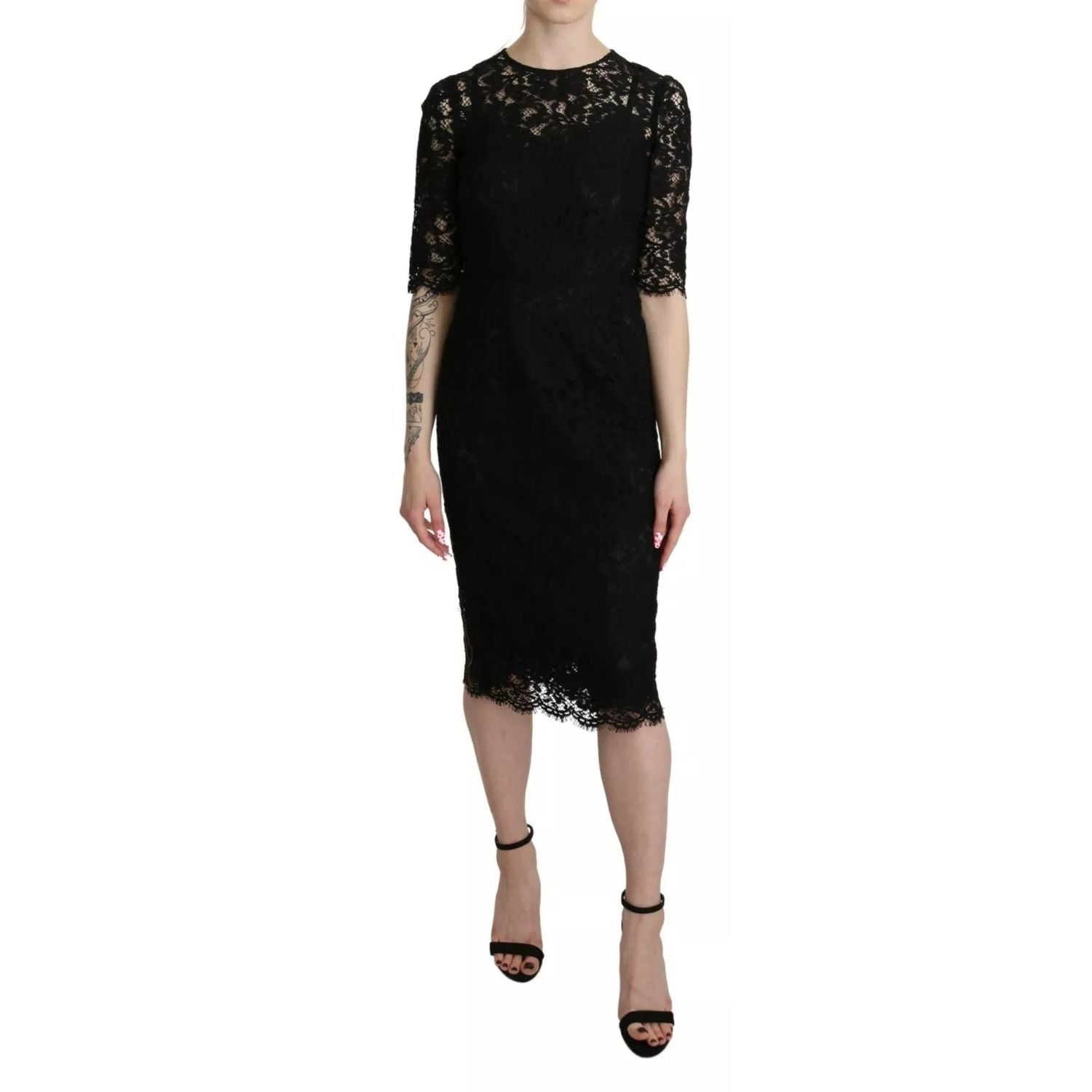 Dolce & Gabbana Black Floral Lace Sheath Knee Length Dress