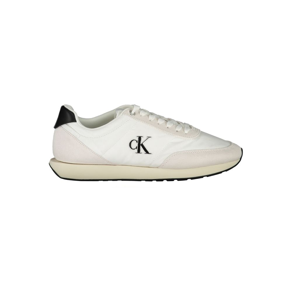 Calvin Klein White Polyester Men Sneaker with black accents and logo embroidery, highlighting sustainable design and removable footbed.