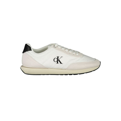 Calvin Klein White Polyester Men Sneaker with black accents and logo embroidery, highlighting sustainable design and removable footbed.