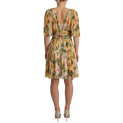 Dolce & Gabbana Yellow Floral Print Pleated Maxi Dress