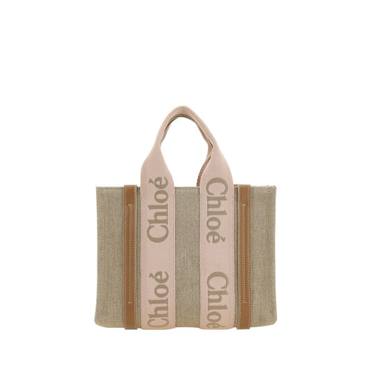 Chloé Beige Linen Handbag with leather detailing and handles, versatile design for elegant and practical use, ideal for stylish occasions.