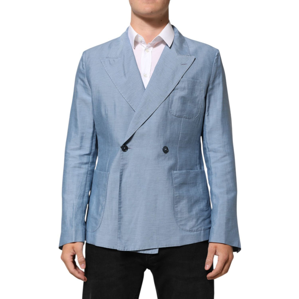 Dolce & Gabbana Light Blue Linen Double Breasted Men Jacket Blazer with two front pockets and button closure, modern tailored fit.