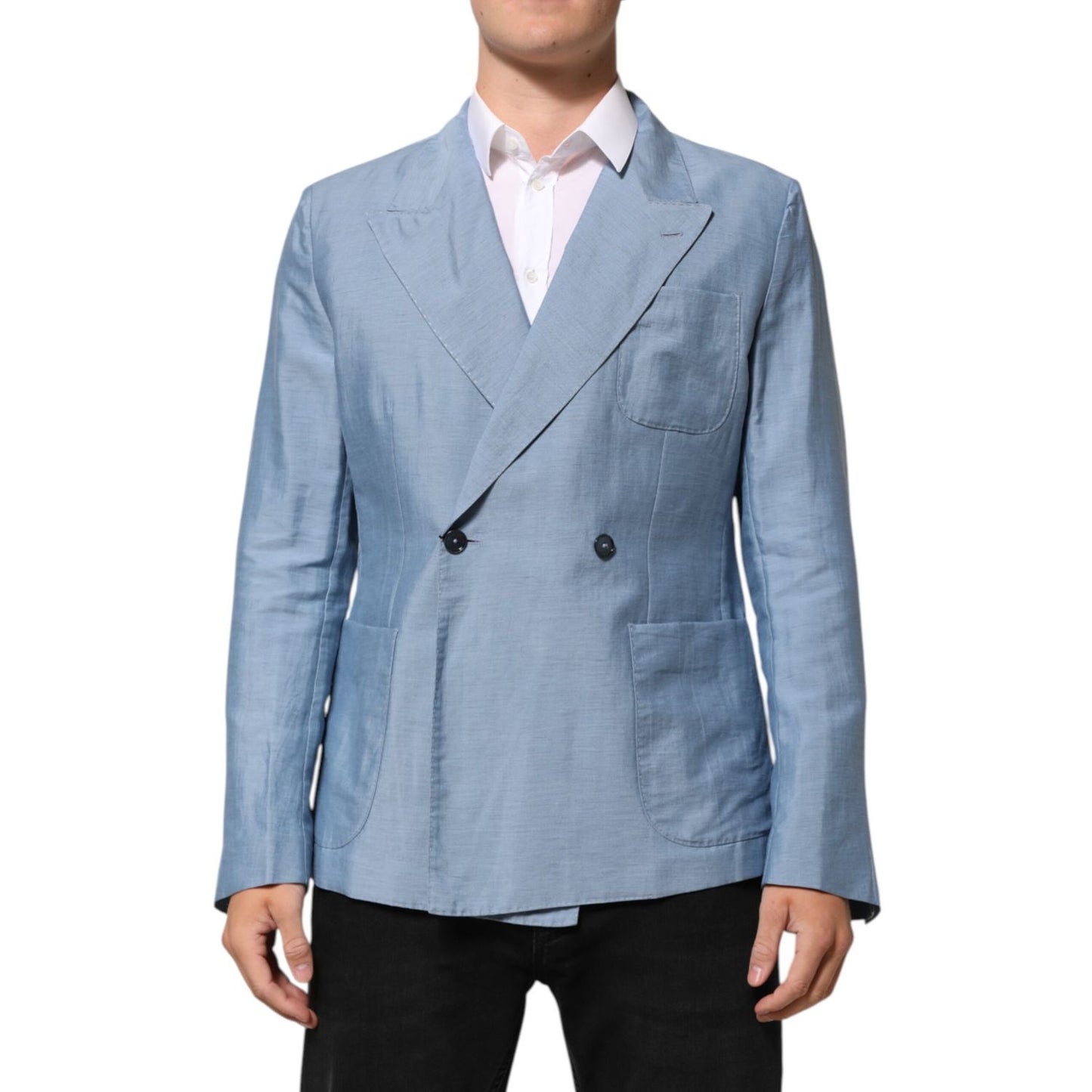 Dolce & Gabbana Light Blue Linen Double Breasted Men Jacket Blazer with two front pockets and button closure, modern tailored fit.