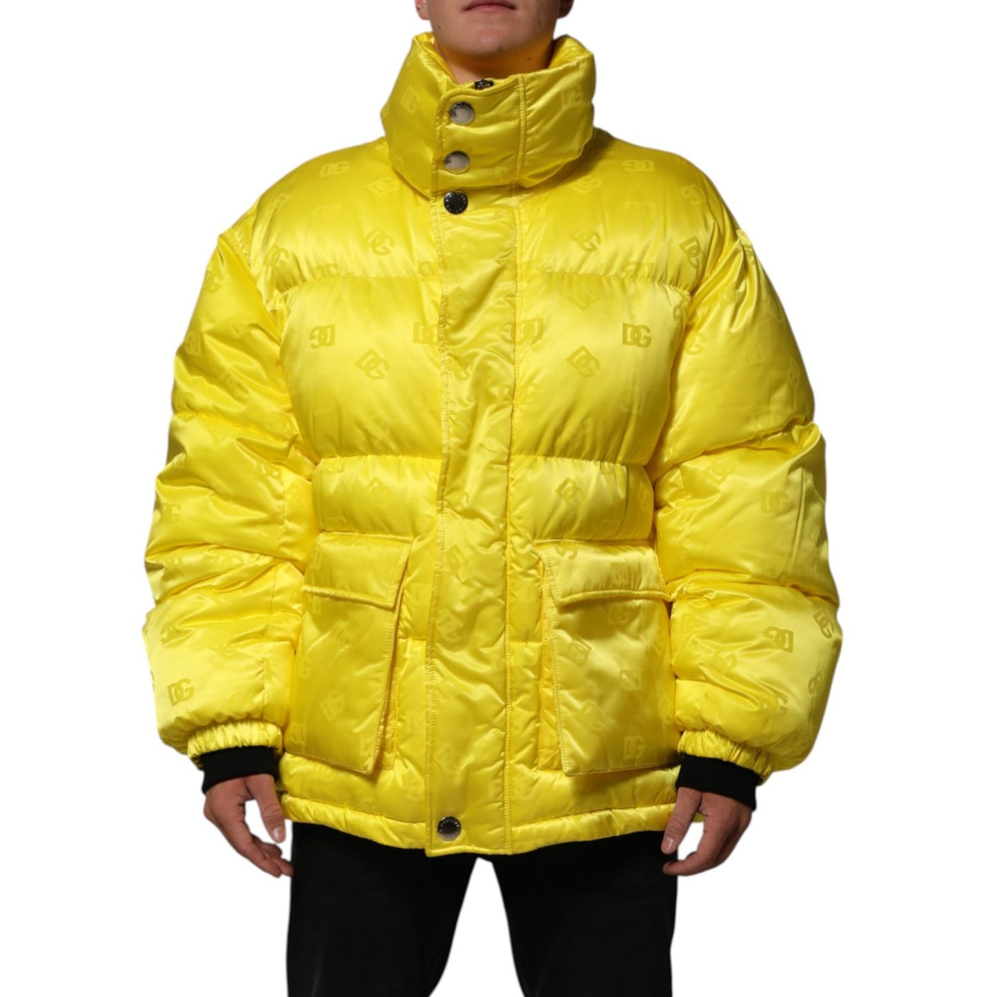 Dolce & Gabbana Yellow Nylon Logo Puffer Bomber Men Jacket with high collar and oversized pockets.