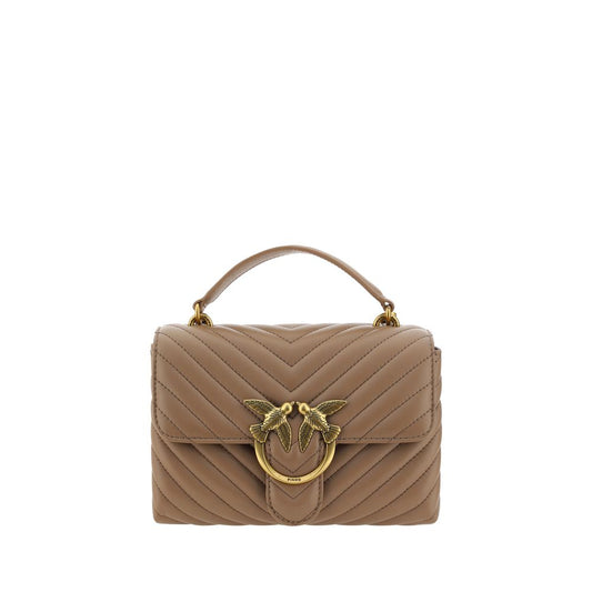 PINKO Love Lady Mini Handbag with gold Love Birds logo, quilted design, removable chain strap, flat top handle, and interior pocket.