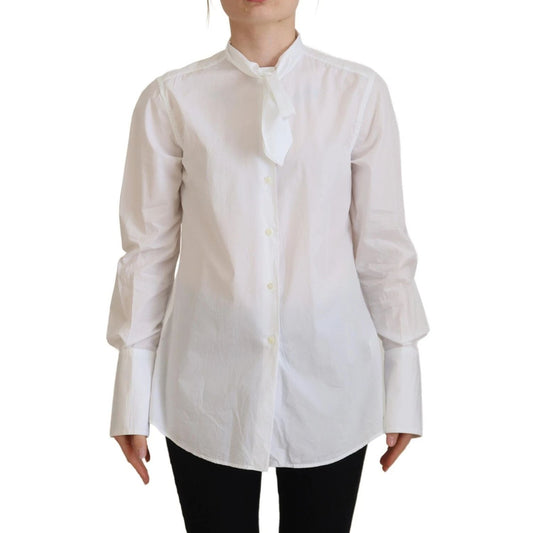 Dolce & Gabbana White Cotton Collared Long Sleeves Formal Top featuring a button-up style and ribbon detail.
